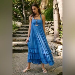 Free People Kauri Maxi Blue Provence Cut Out Flowy Boho Size X-Small Beach‎